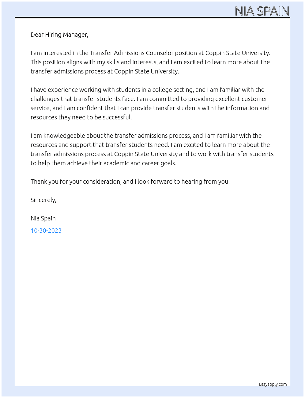 Transfer Admissions Counselor  At Coppin State University  Cover Letter