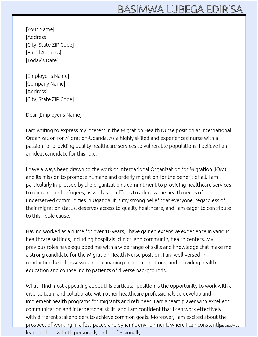 Migration health nurse  At International organization for migration-Uganda Cover Letter