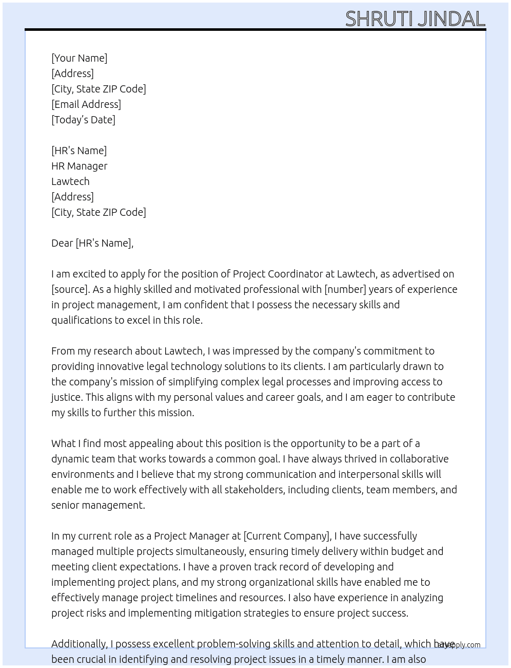 project coordinator At Lawtech Cover Letter