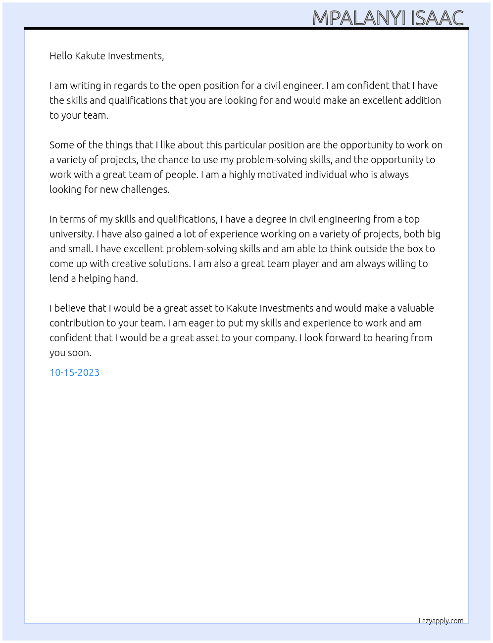 Civil engineer At Consultant  Cover Letter