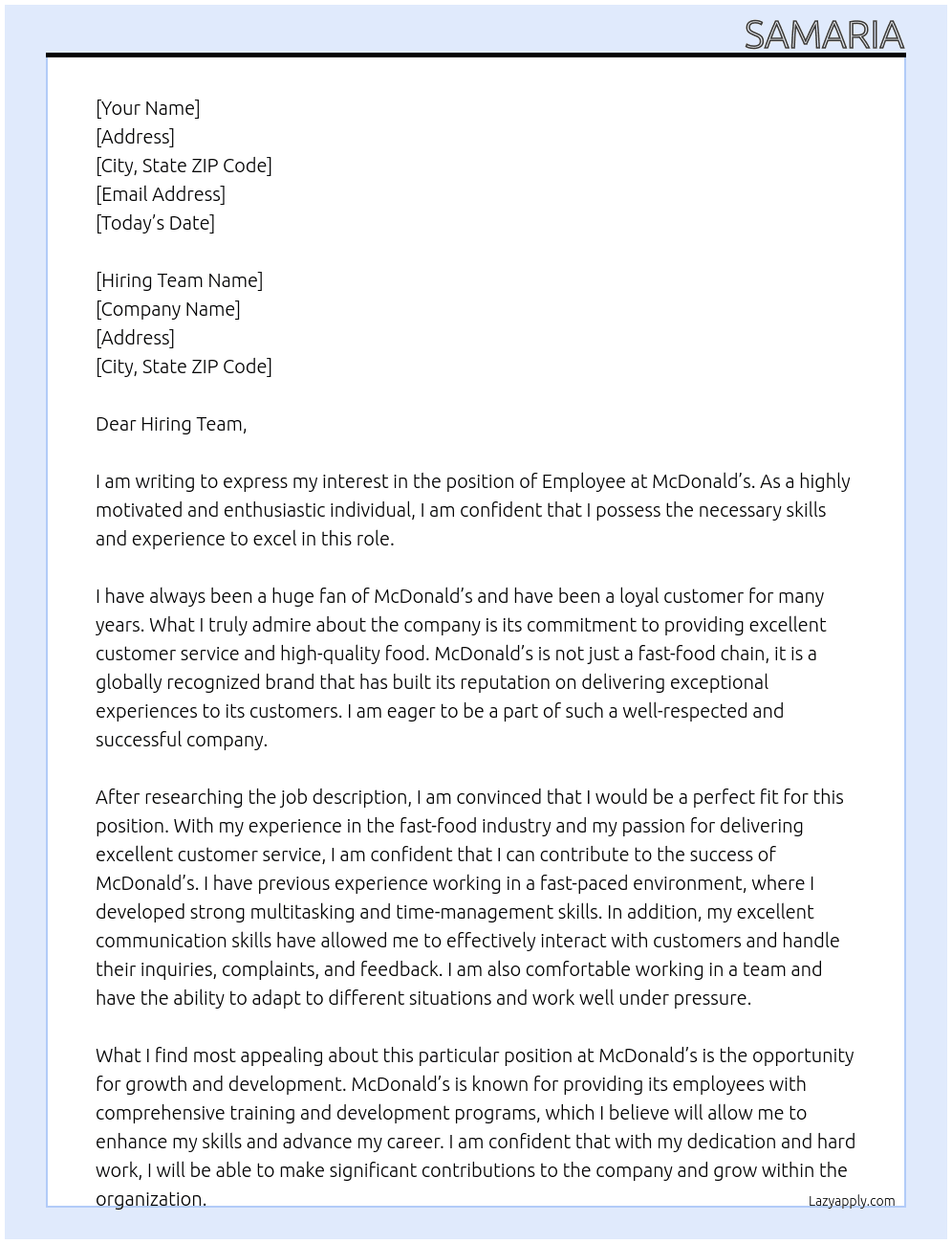 Employee  At McDonald’s  Cover Letter