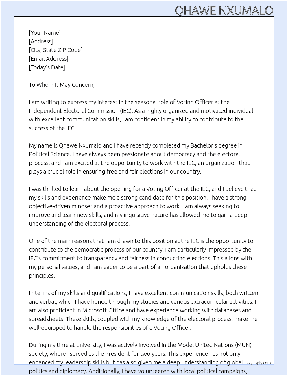 voting officer At IEC Cover Letter