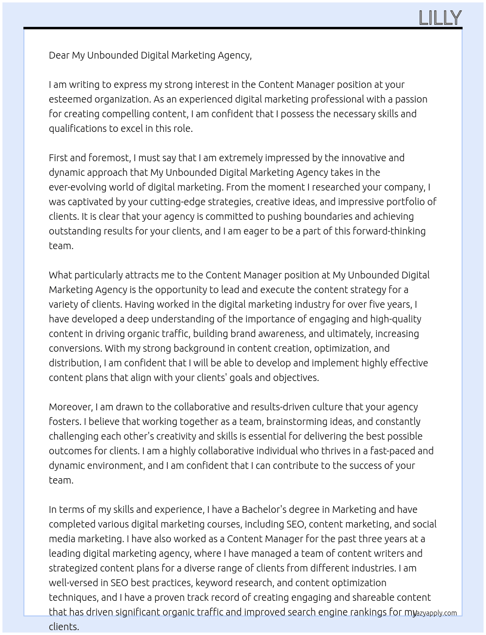 Content Manager  At My Unbounded Digital Marketing Agency Cover Letter