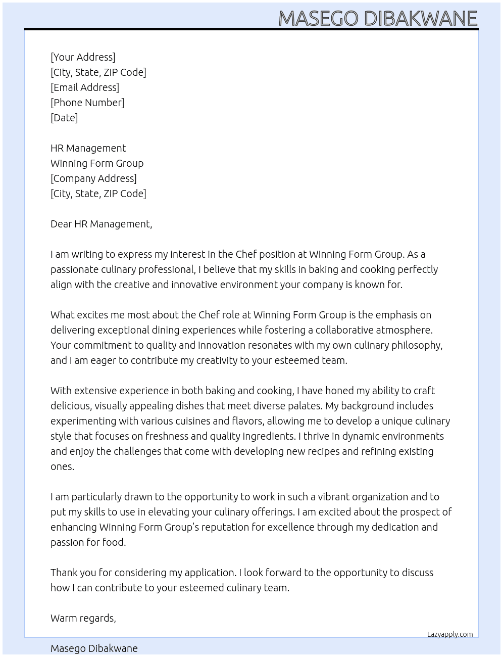Chef At Winning form group  Cover Letter