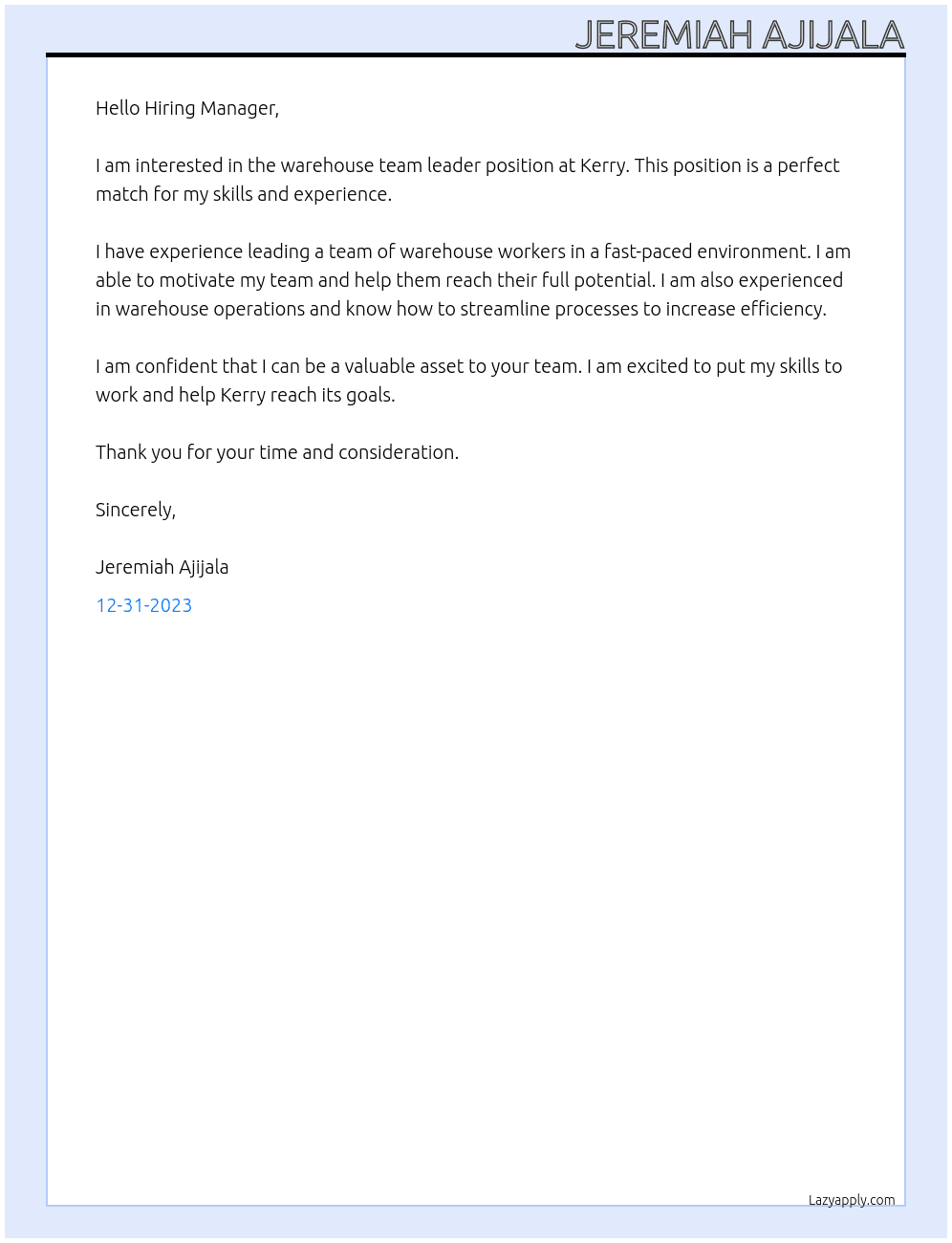 Warehouse team leader At Kerry  Cover Letter