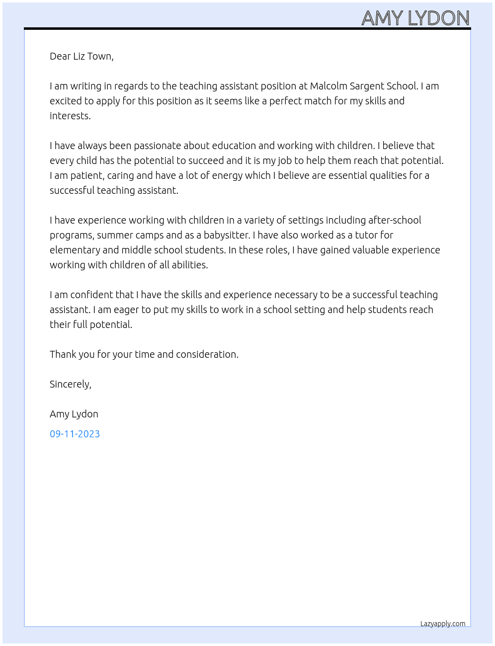 Teaching Assistant no experience At Malcolm Sargent School Cover Letter