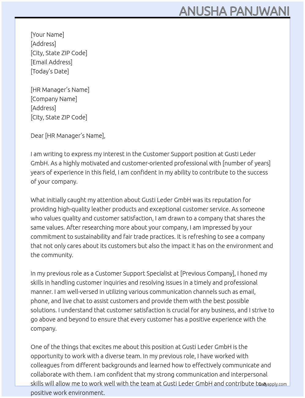 Customer Support At Gusti Leder GmbH Cover Letter