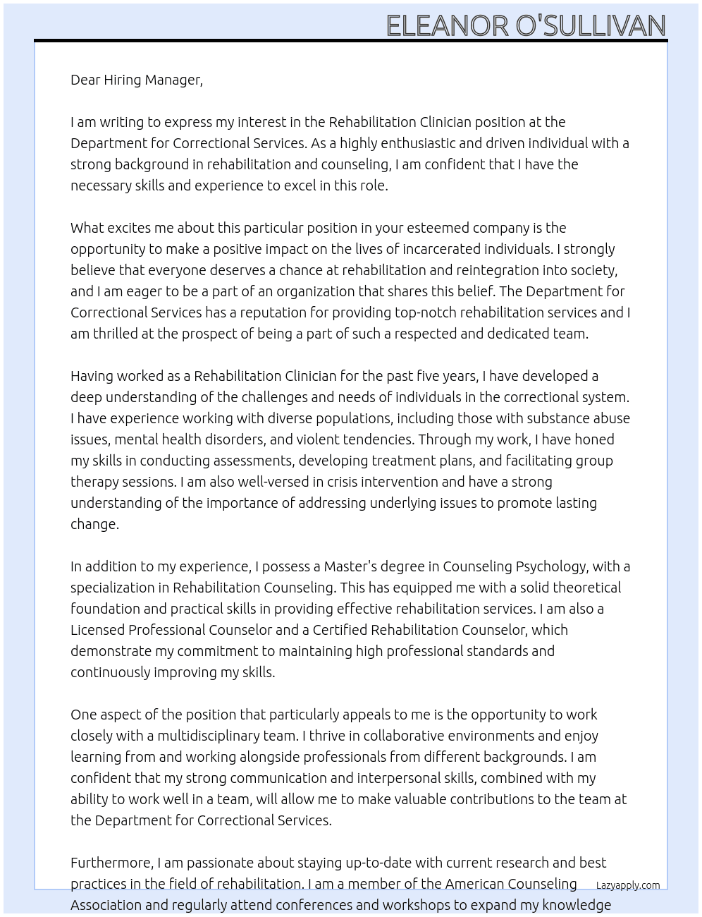 Rehabilitation Clinician At Department for Correctional Services Cover Letter