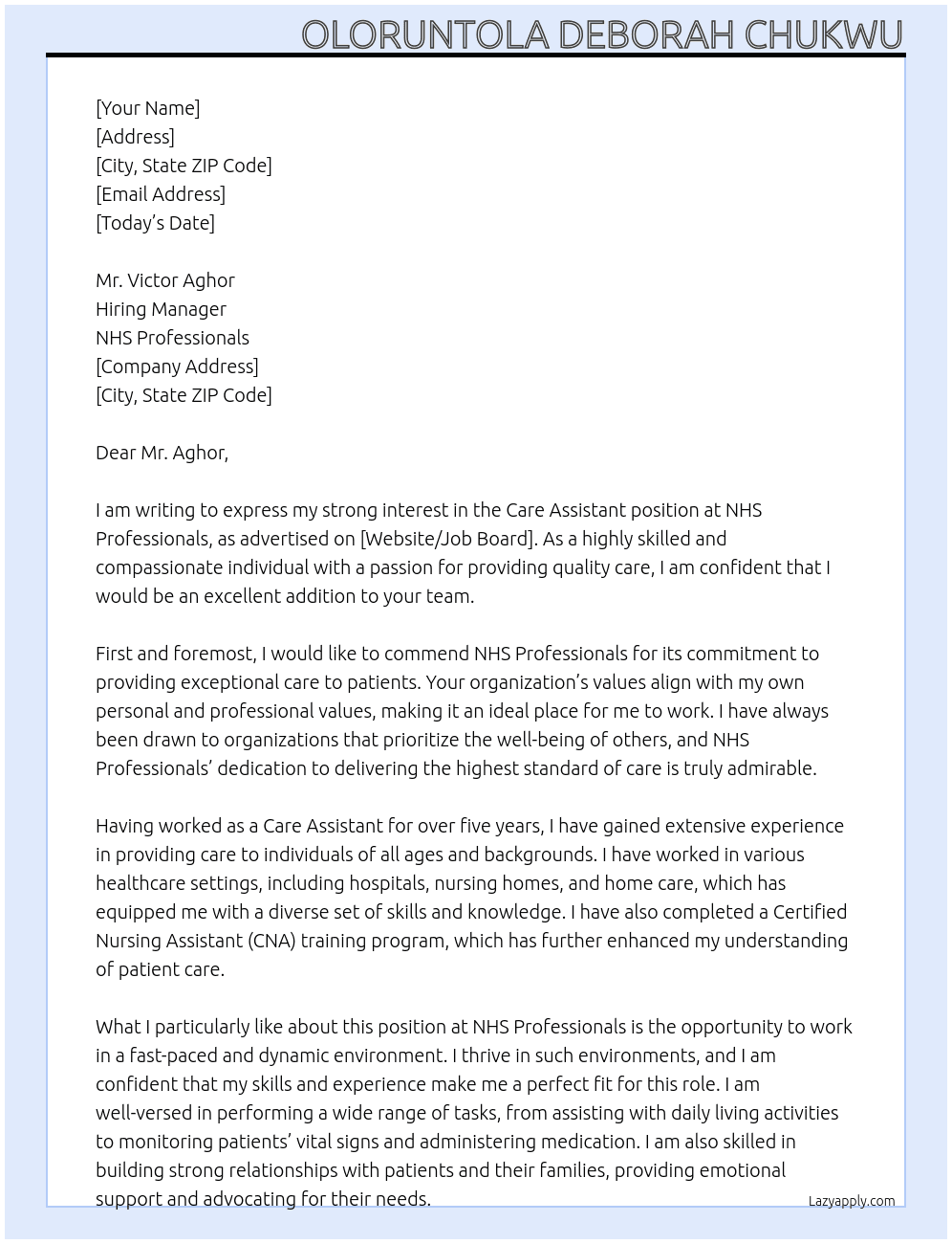 care assistant At NHS PROFESSIONALS Cover Letter
