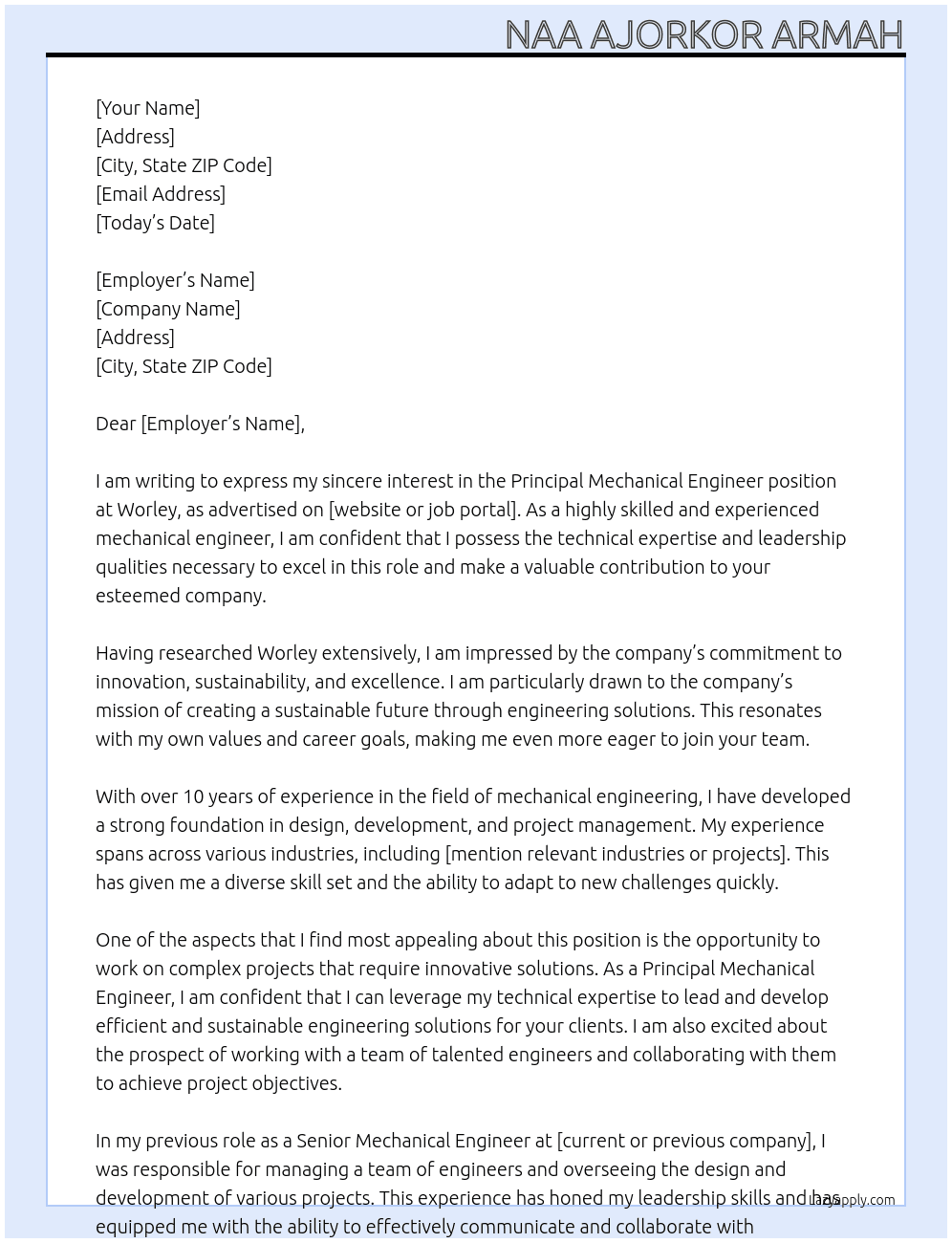 Principal Mechanical Engineer At Worley Cover Letter
