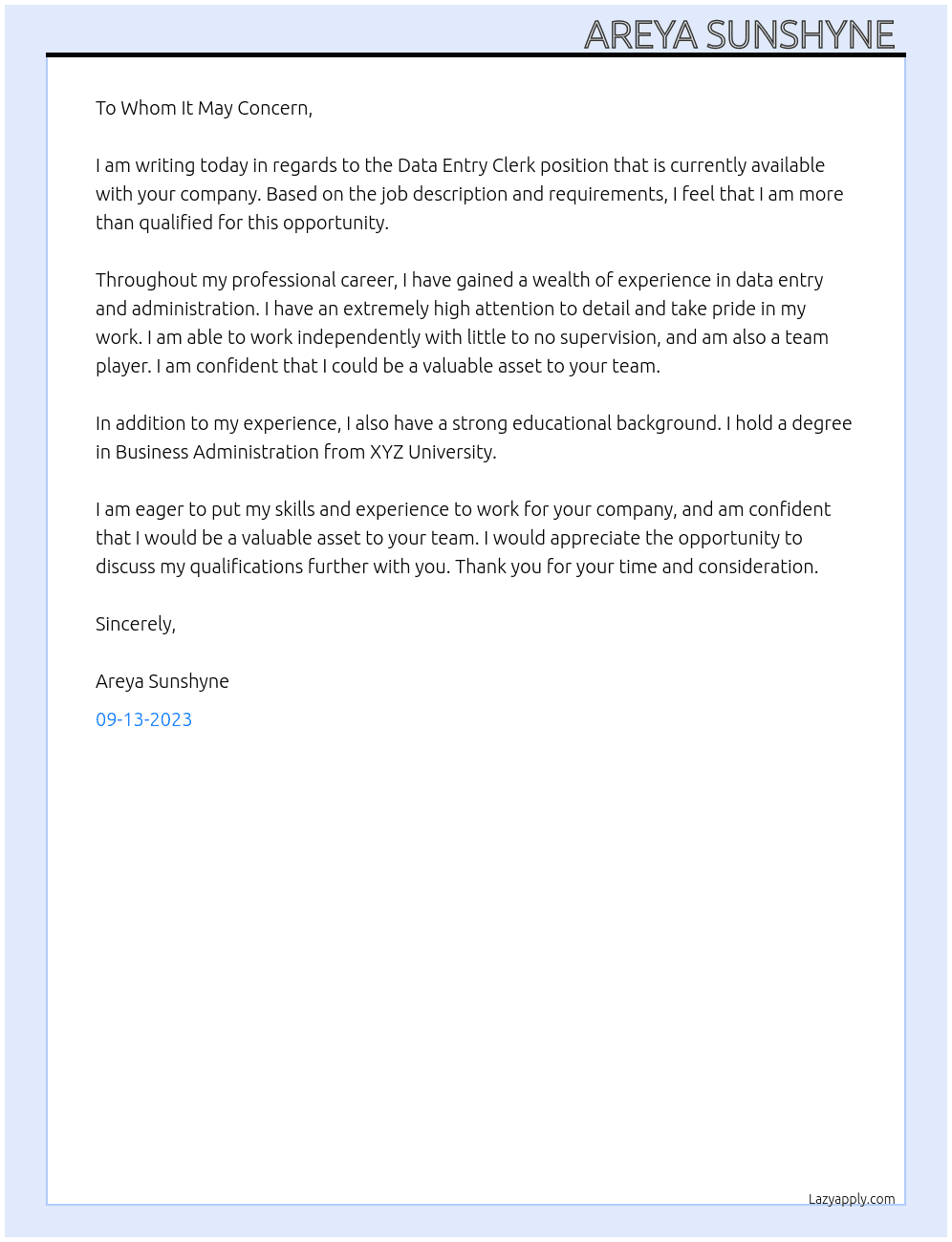 Data Entry clerk At DW Reality team  Cover Letter