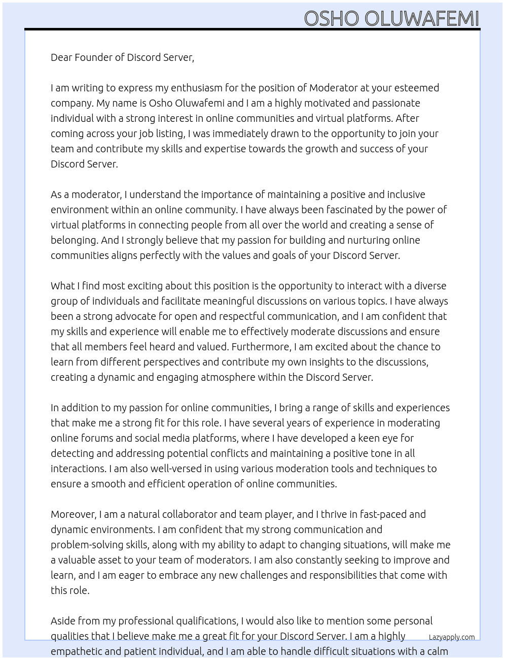 moderator At Discord Server Cover Letter
