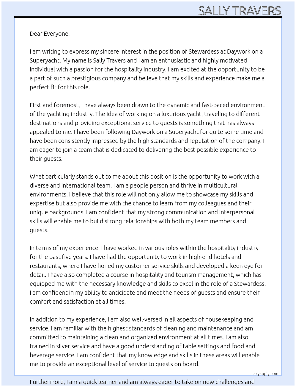 stewardess At daywork on a superyacht Cover Letter
