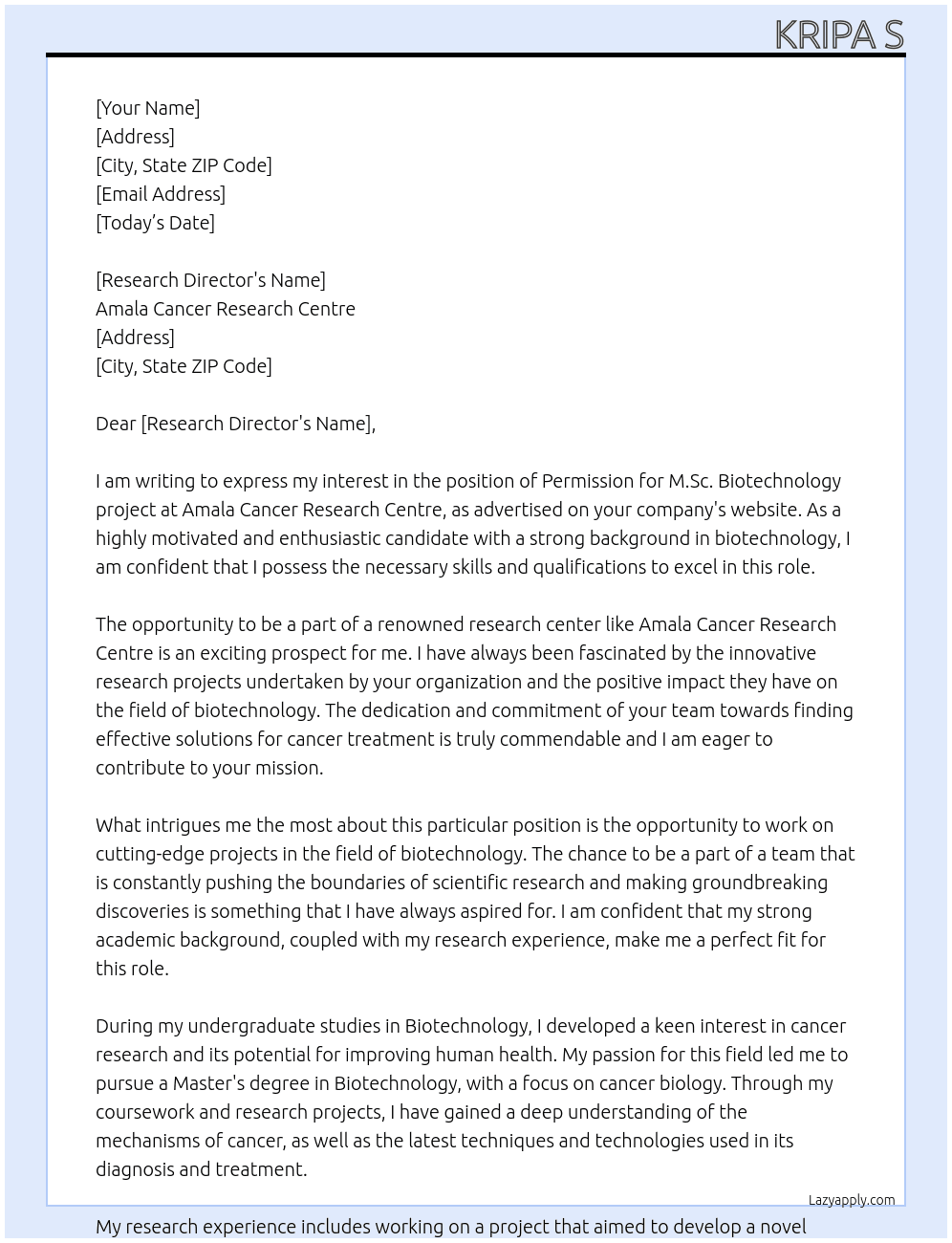 Permission for M.Sc.Biotechnology project At Amala Cancer Research Centre Cover Letter