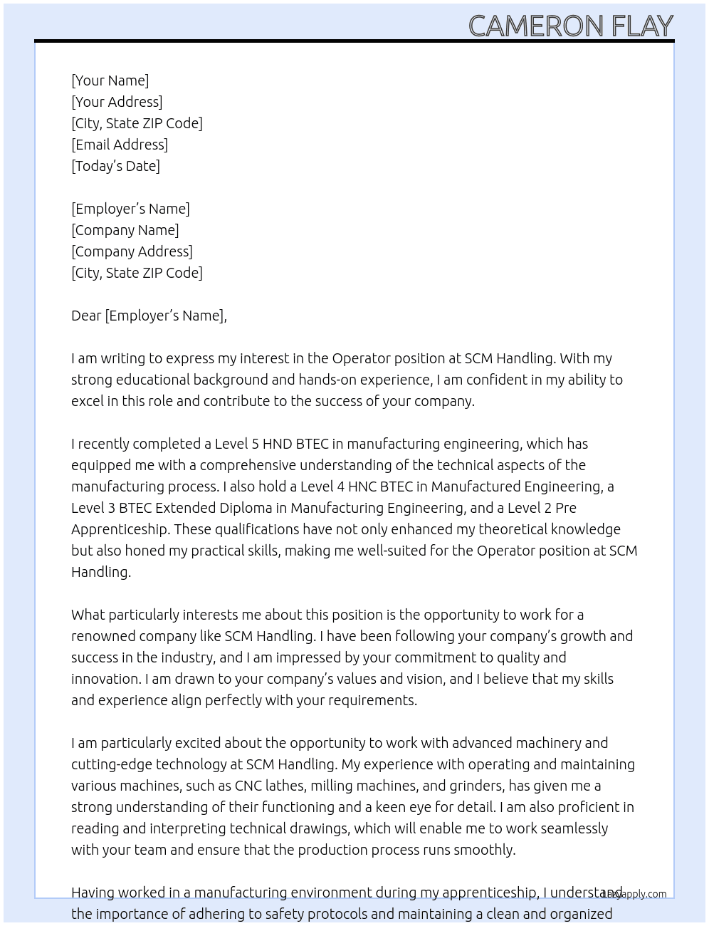 Operator At SCM Handling  Cover Letter