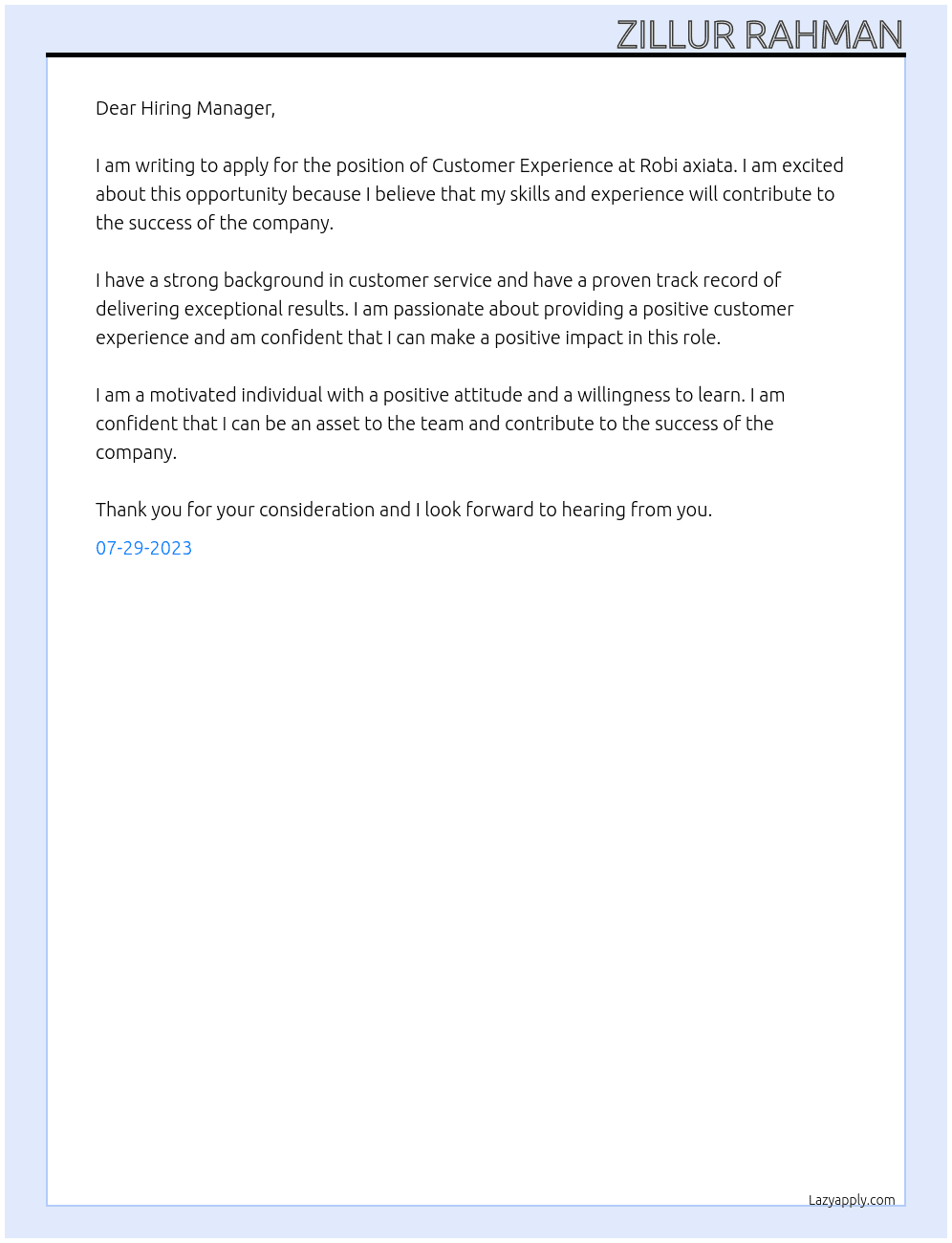Customer Experience  At Robi axiata Cover Letter