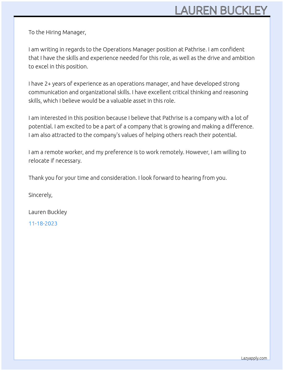 Operations Manager At Pathrise Cover Letter