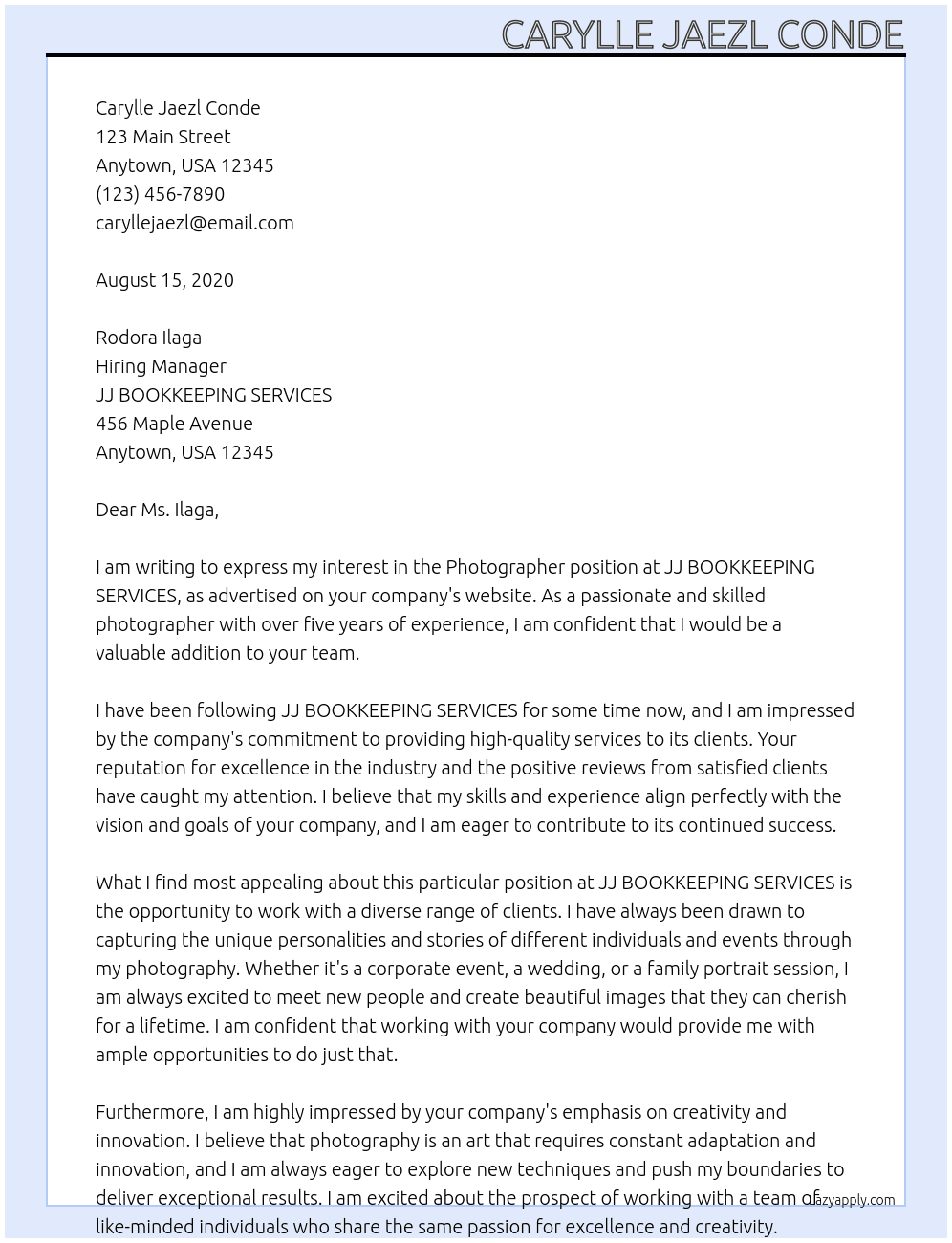 Photographer At JJ BOOKKEEPING SERVICES Cover Letter