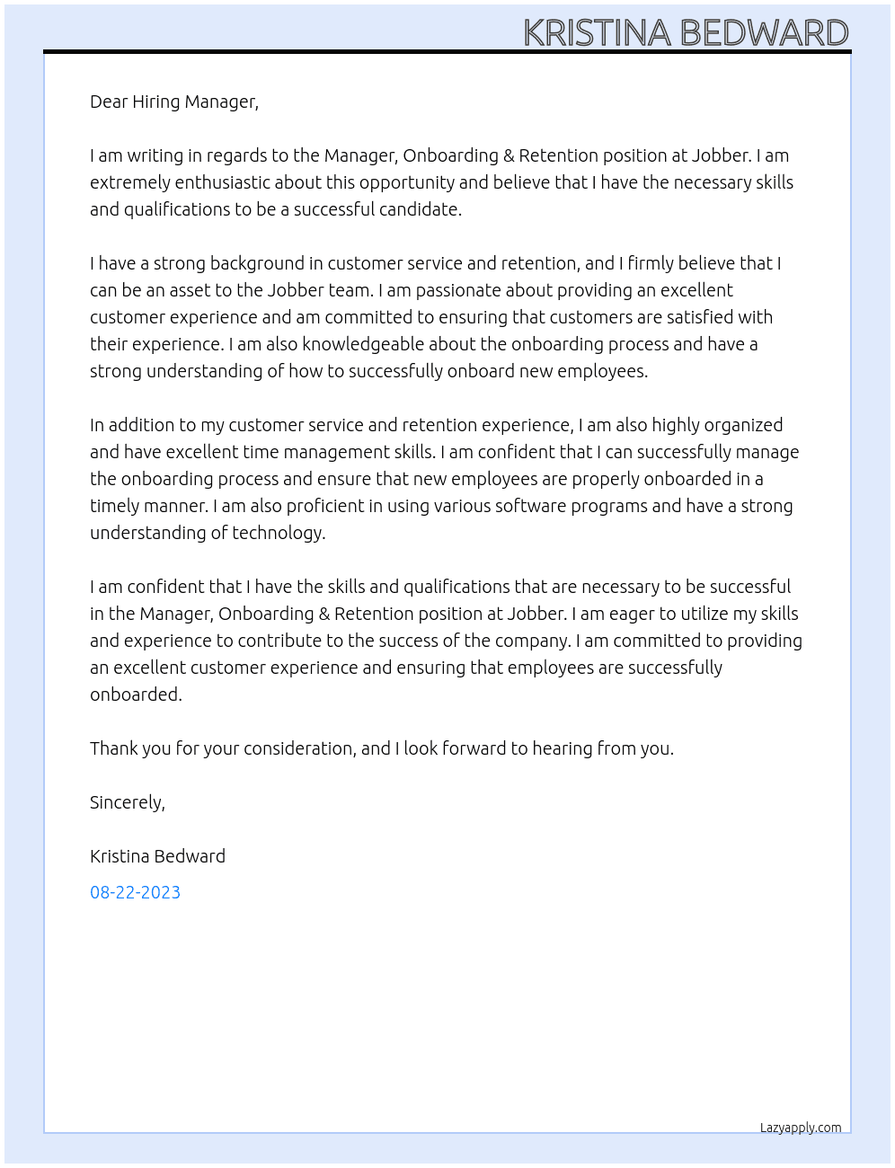 Manager, Onboarding & Retention At Jobber Cover Letter