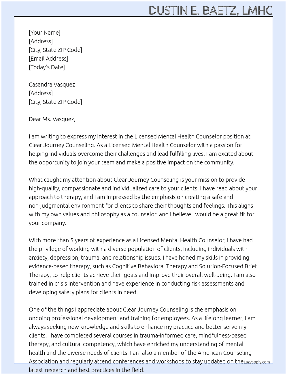Licensed Mental Health Counselor At Clear Journey Counseling Cover Letter