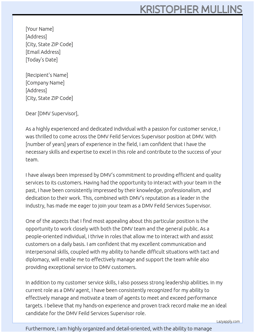 DMV Feild Services Supervisor At DMV Cover Letter