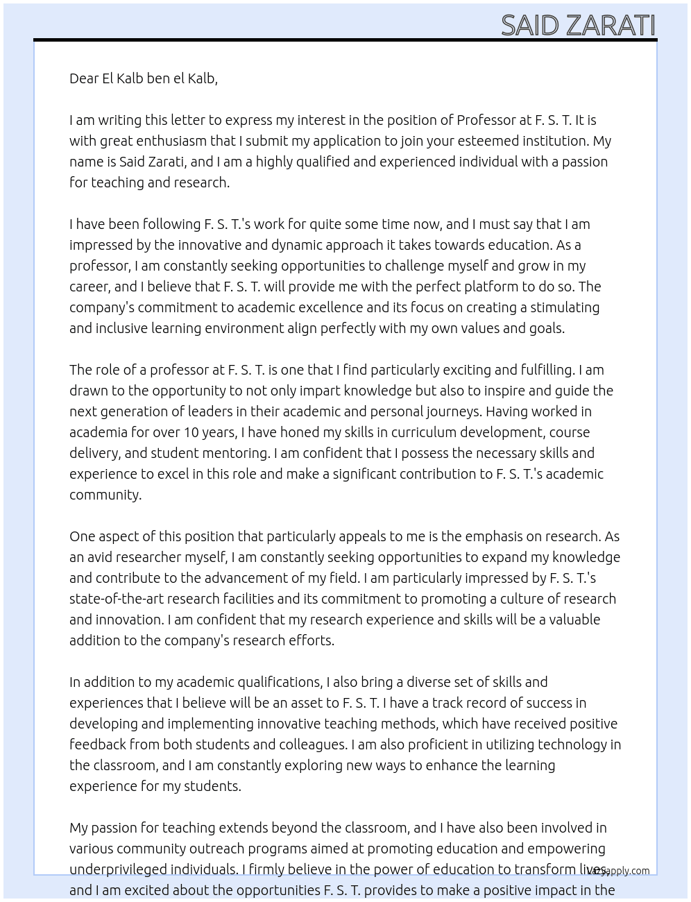 professor At F. S. T. Cover Letter