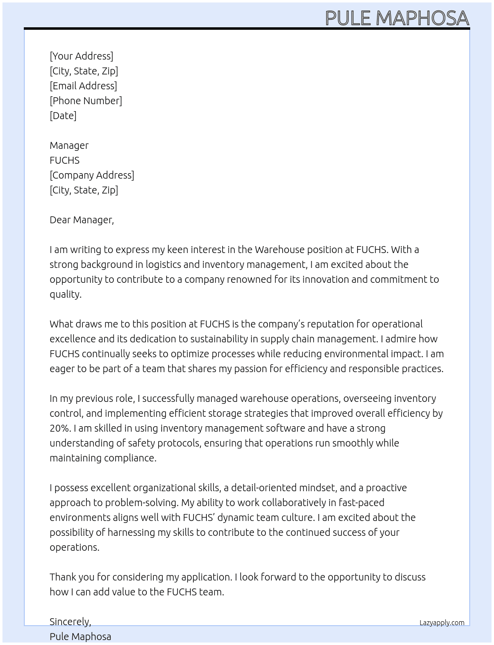 Warehouse  At FUCHS Cover Letter