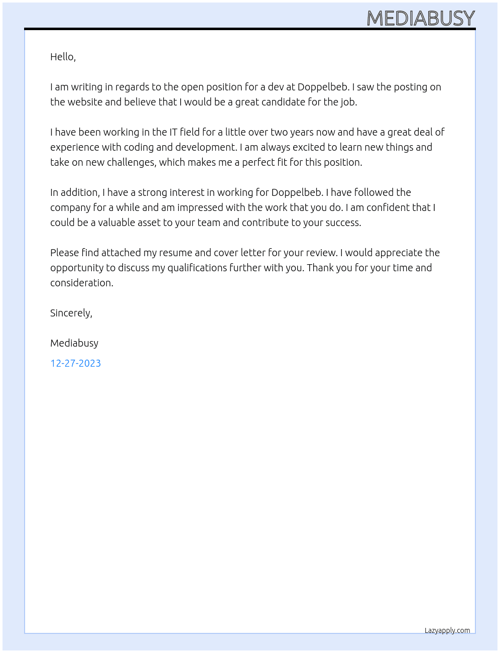 dev At doppelbeb Cover Letter