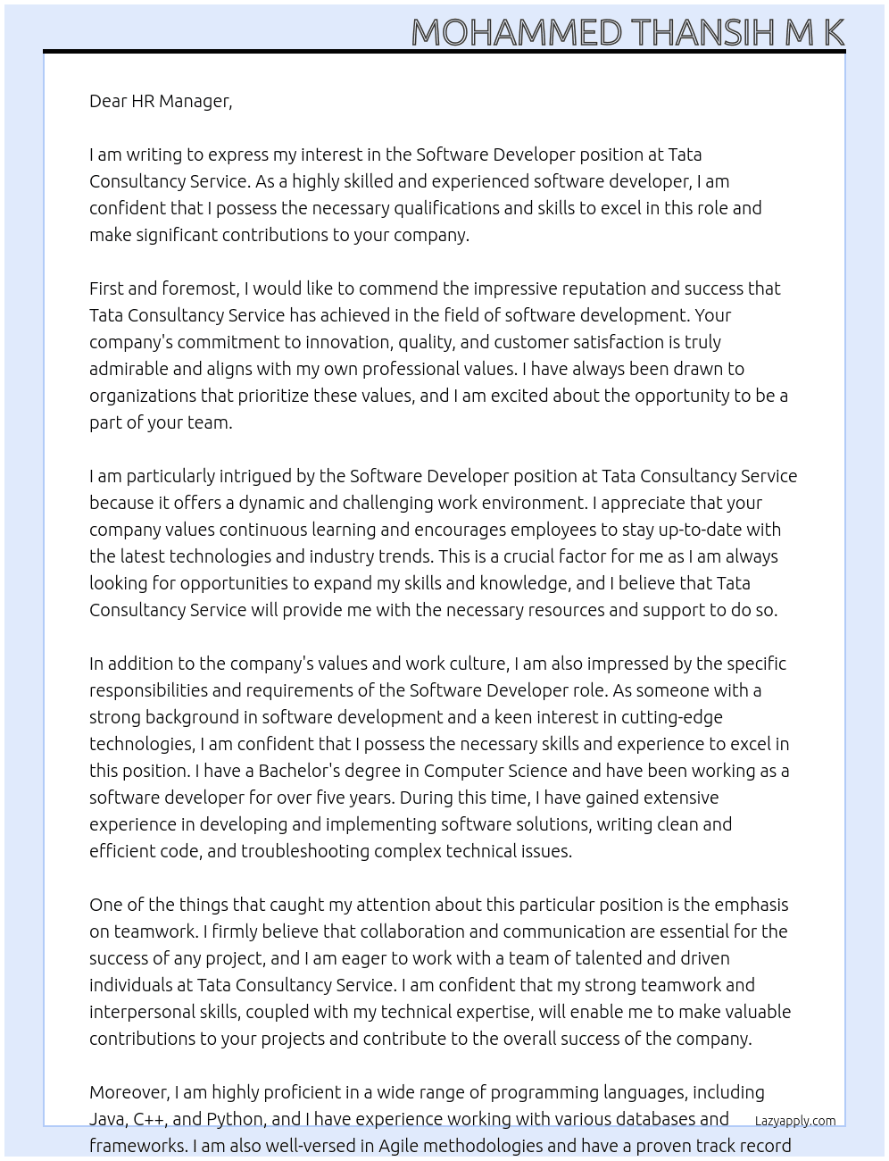 Software Developer At Tata Consultancy Service Cover Letter