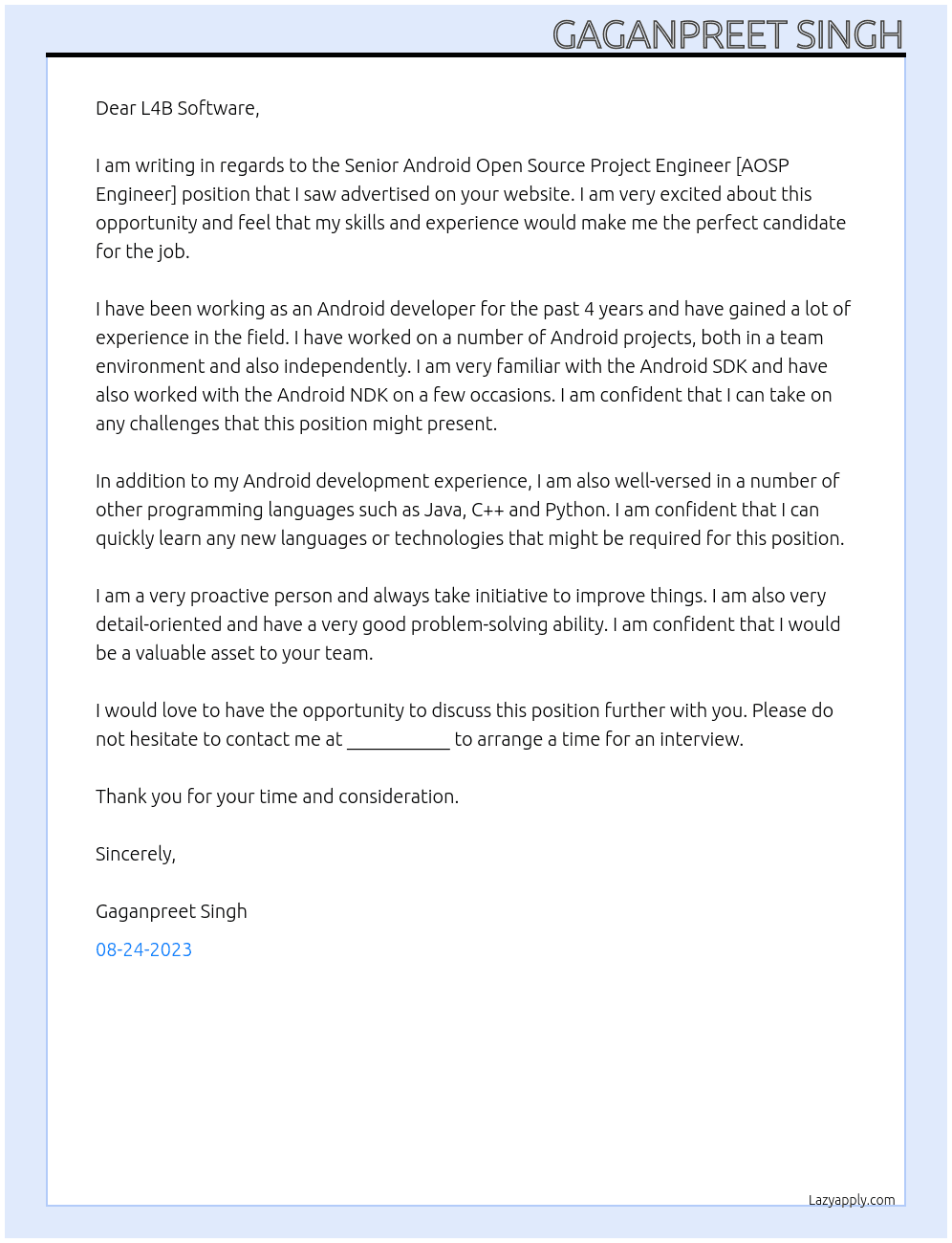 Senior Android Open Source Project Engineer [ AOSP Engineer] At L4B Software Cover Letter