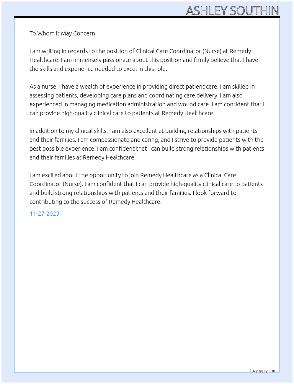 Clinical Care Coordinator (Nurse) At Remedy Healthcare  Cover Letter