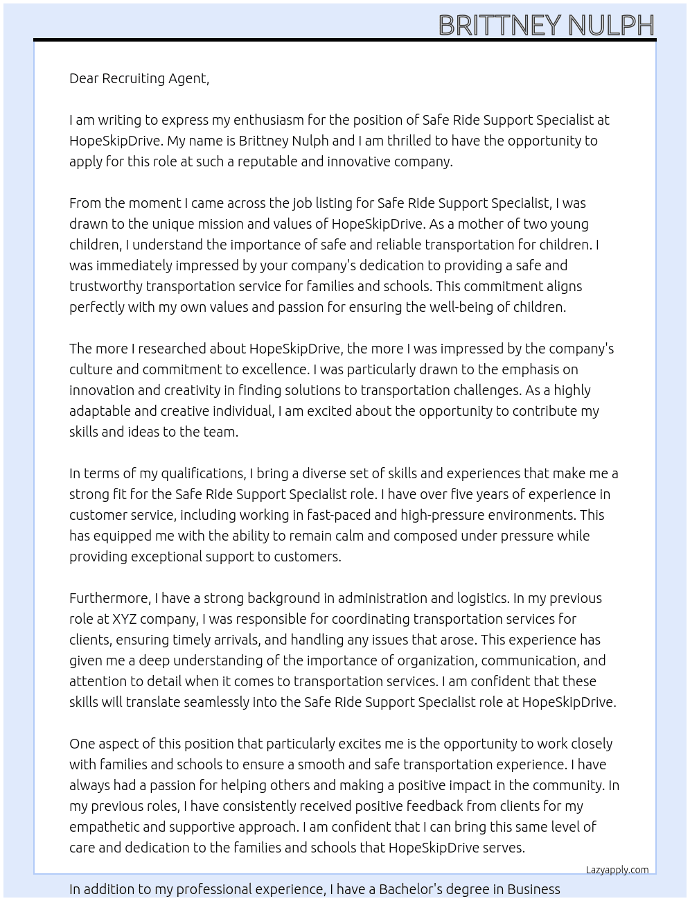 Safe Ride Support Specialist At HopeSkipDrive Cover Letter