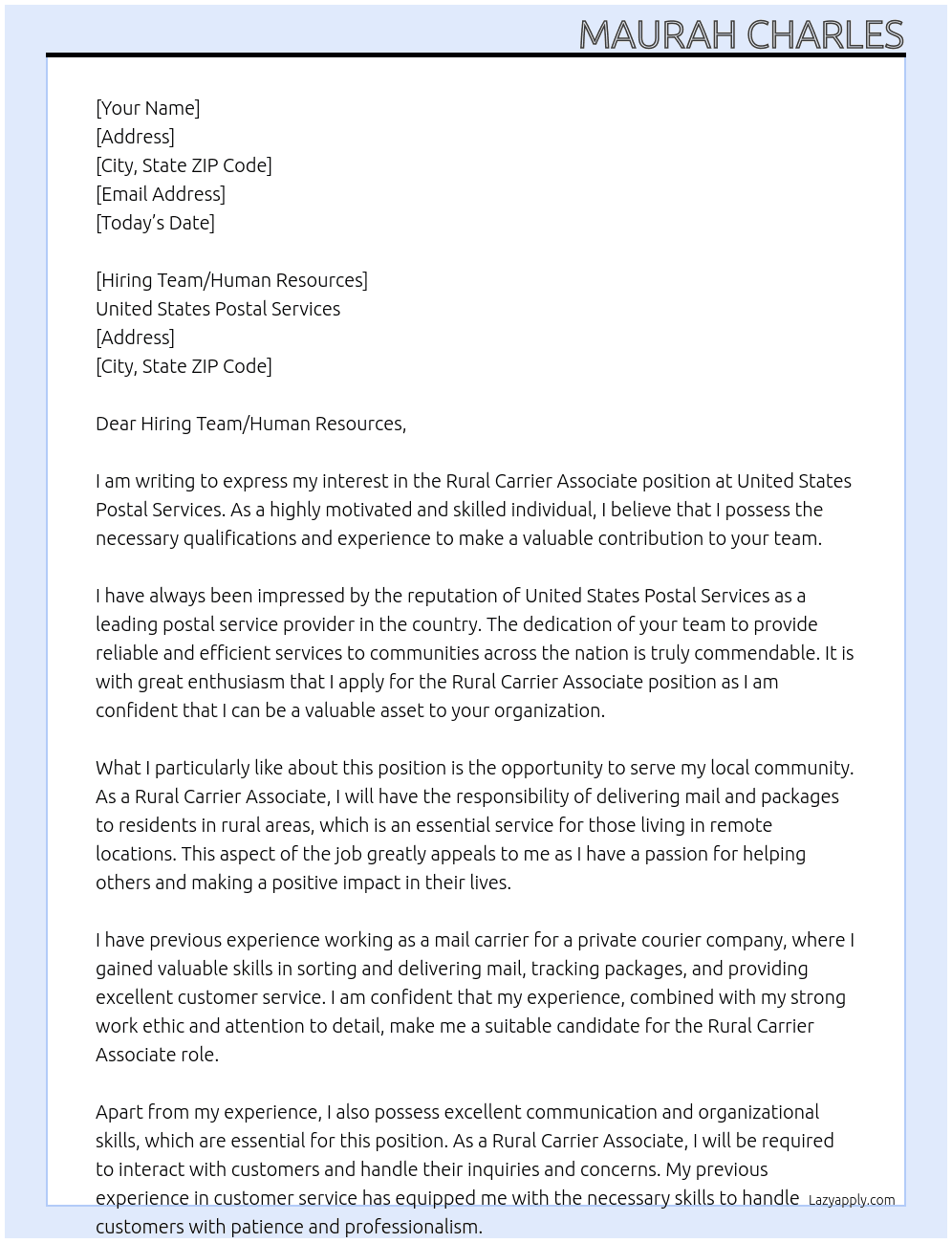 Rural Carrier Associate At United States Postal Services Cover Letter