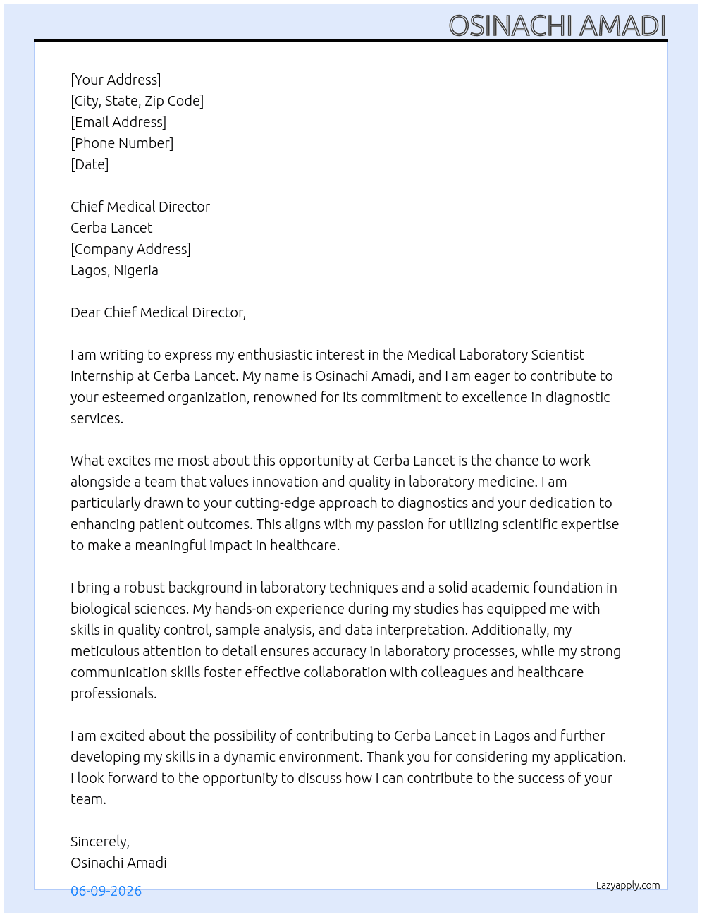 medical laboratory scientist internship At cerba lancet Cover Letter