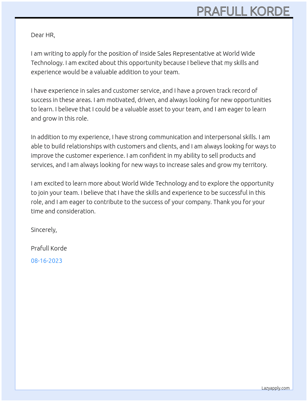  Inside Sales Representative At World Wide Technology  Cover Letter