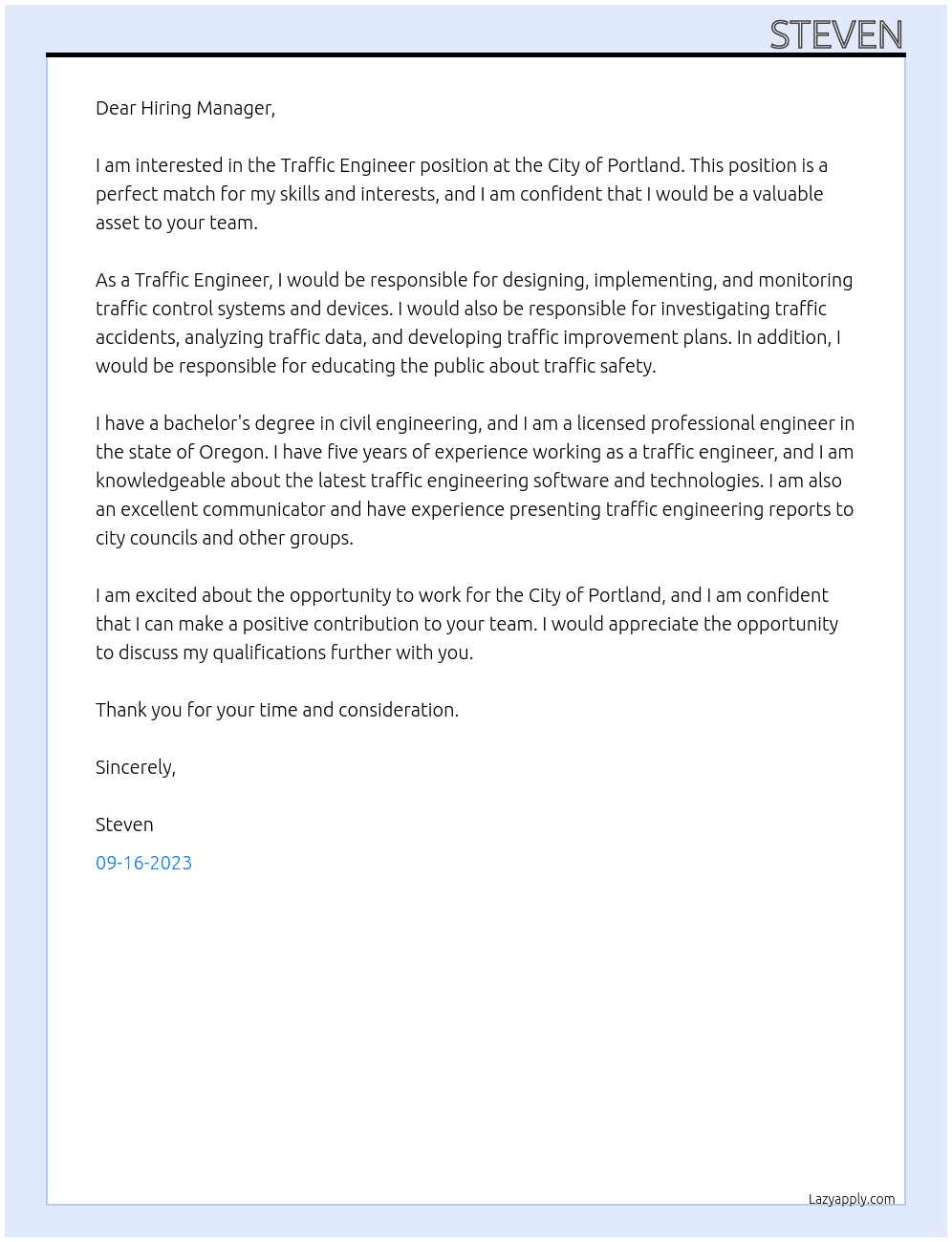 Traffic Engineer At City of Portland Cover Letter