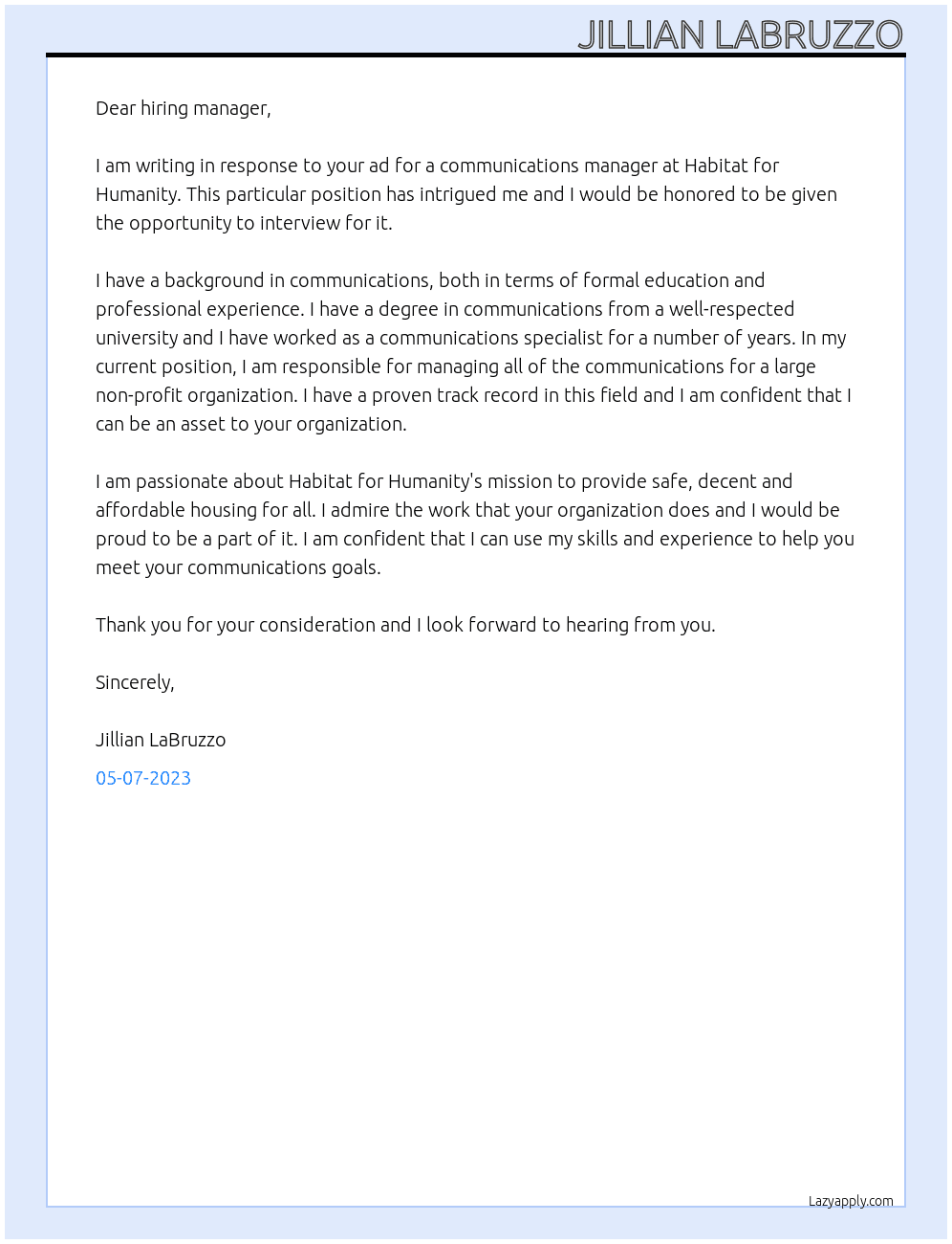 Communications manager At Habitat for Humanity Cover Letter