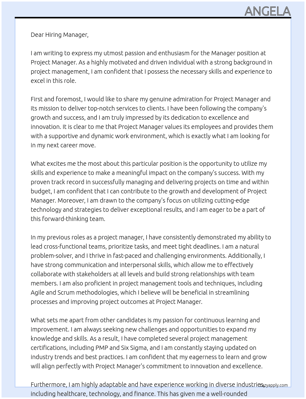 Manager At project manager Cover Letter