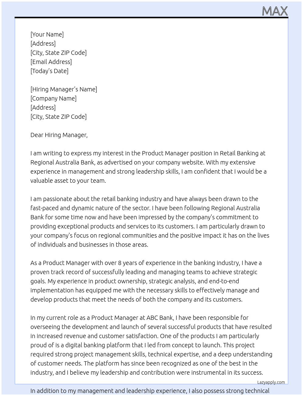 Product Manager - Retail Banking At Regional Australia Bank Cover Letter