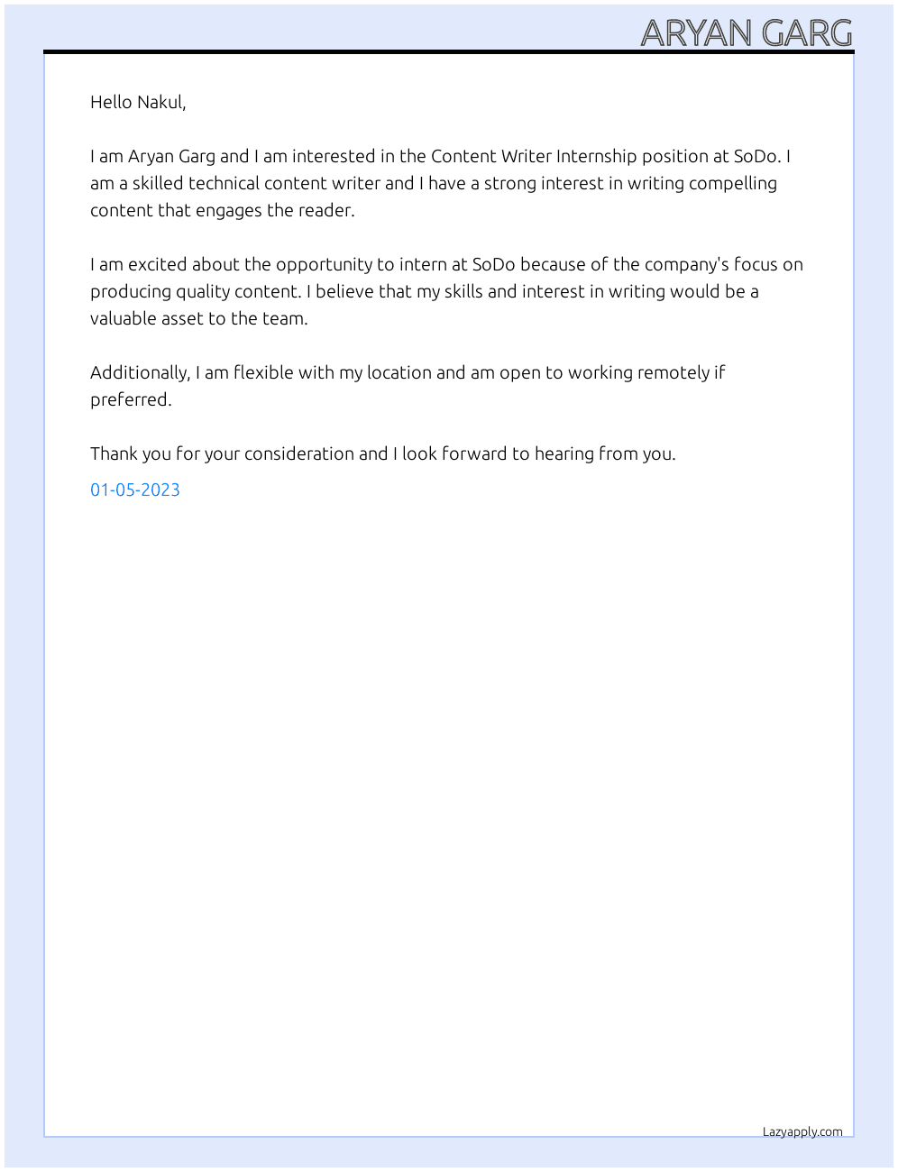 Content Writer Internship At SoDo Cover Letter