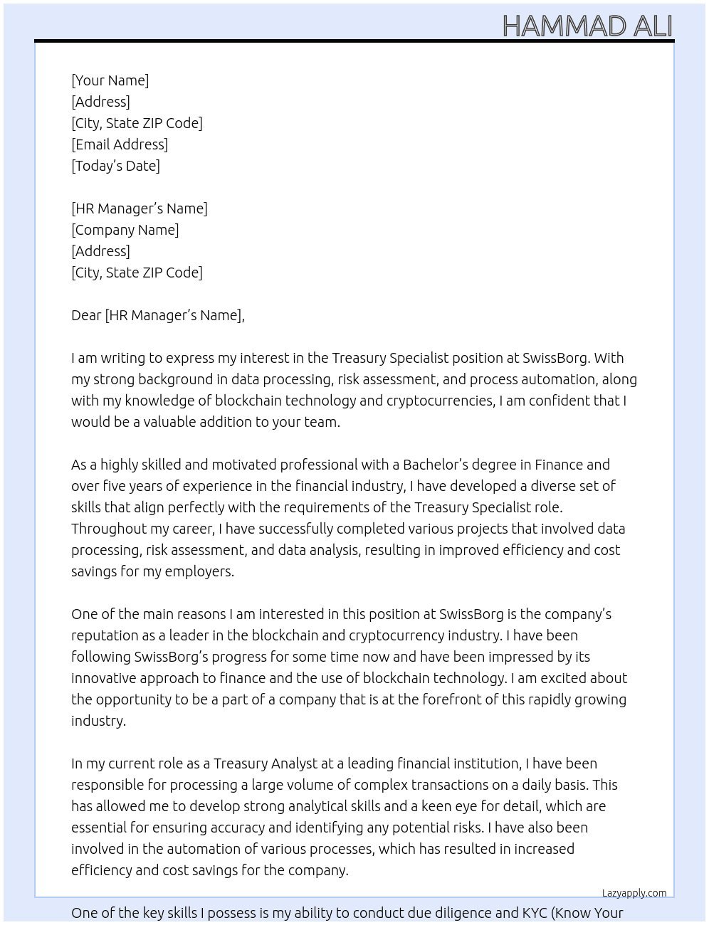 Treasury Specialist At SwissBorg Cover Letter