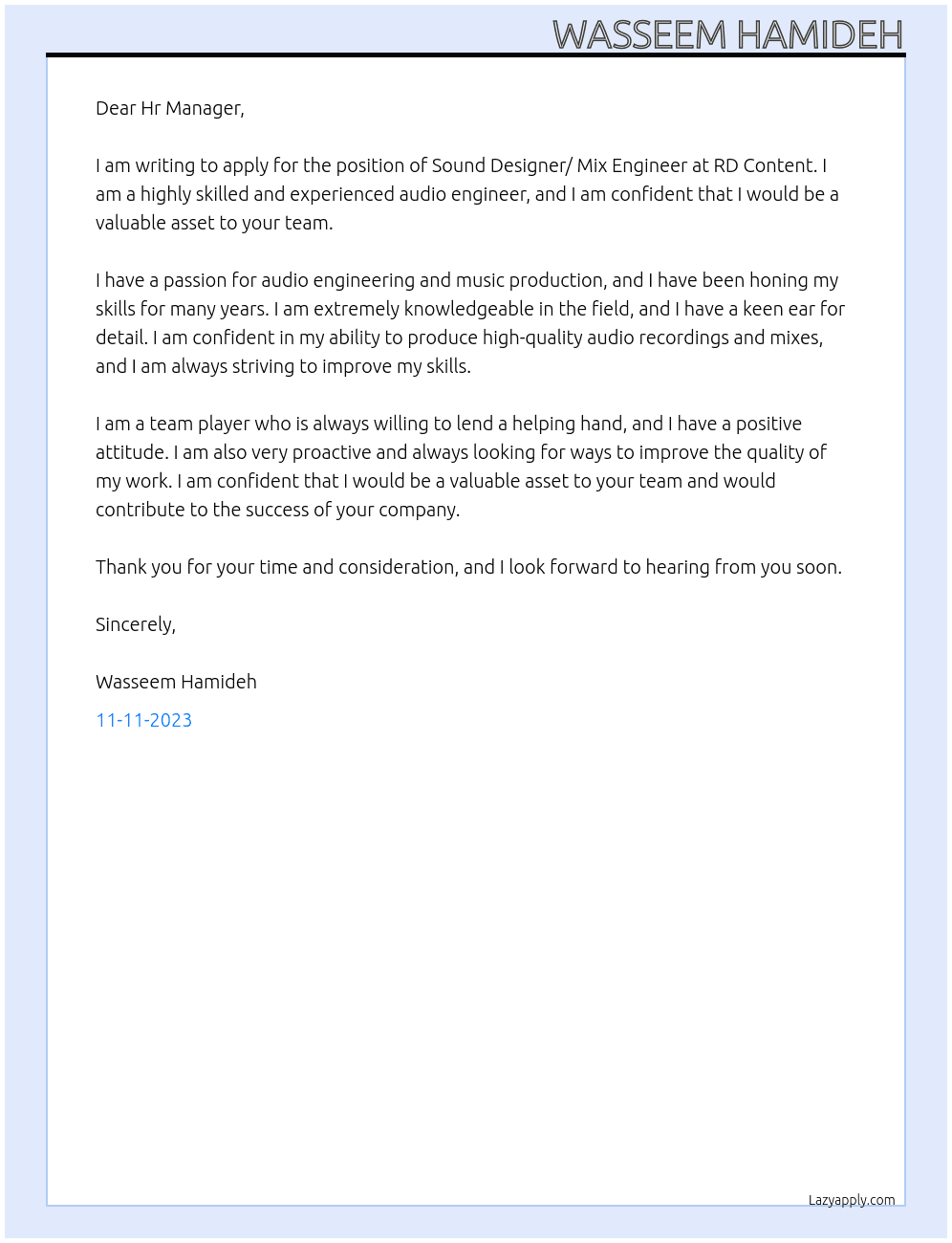Sound Designer/ Mix Engineer At RD Content Cover Letter
