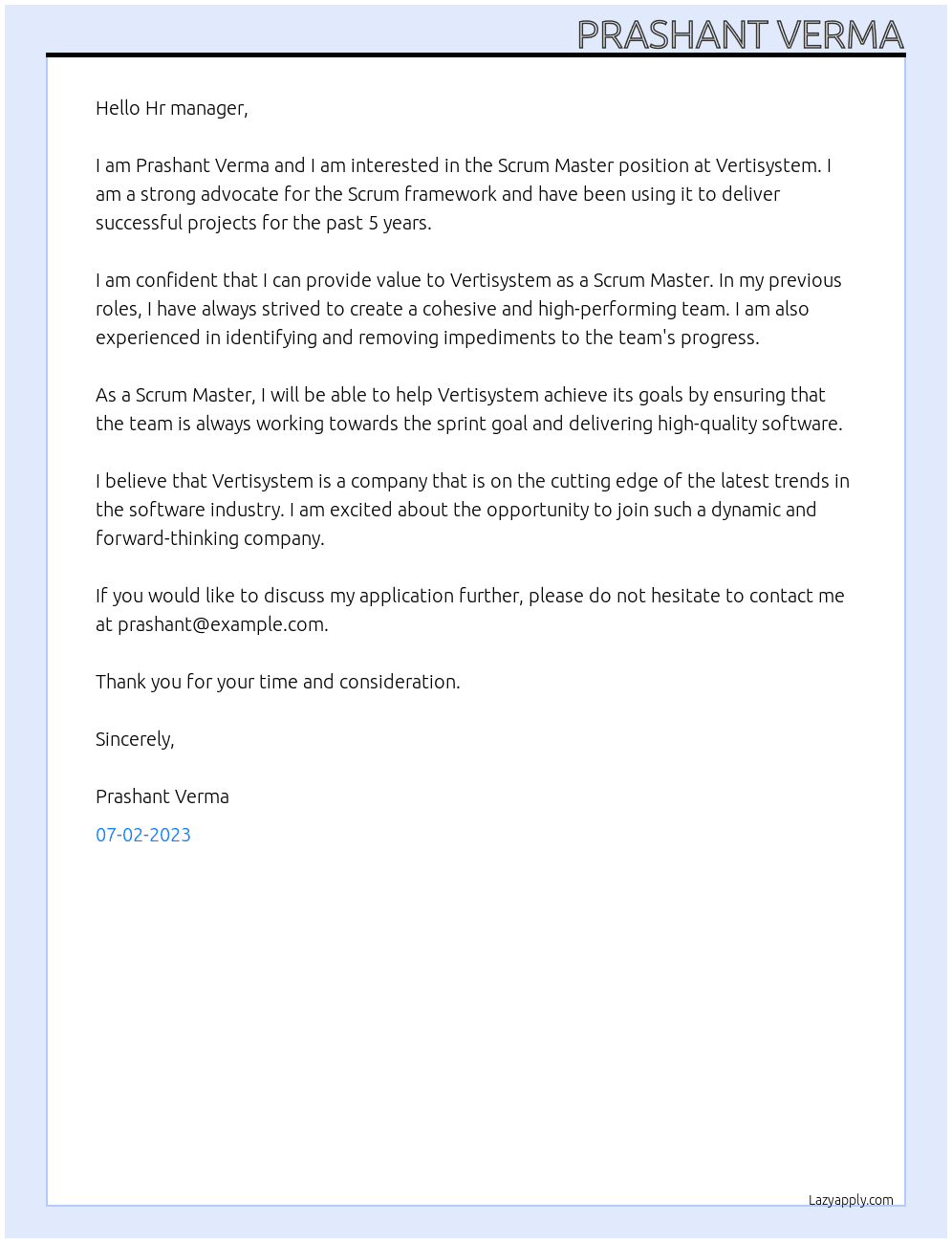 Scrum Master At Vertisystem Cover Letter