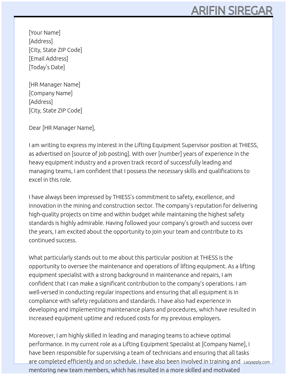 Lifting Equipment Supervisor At THIESS Cover Letter