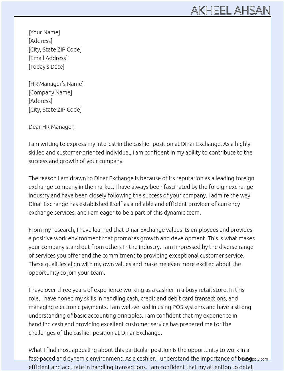 cashier At DINAR EXCHANHE Cover Letter