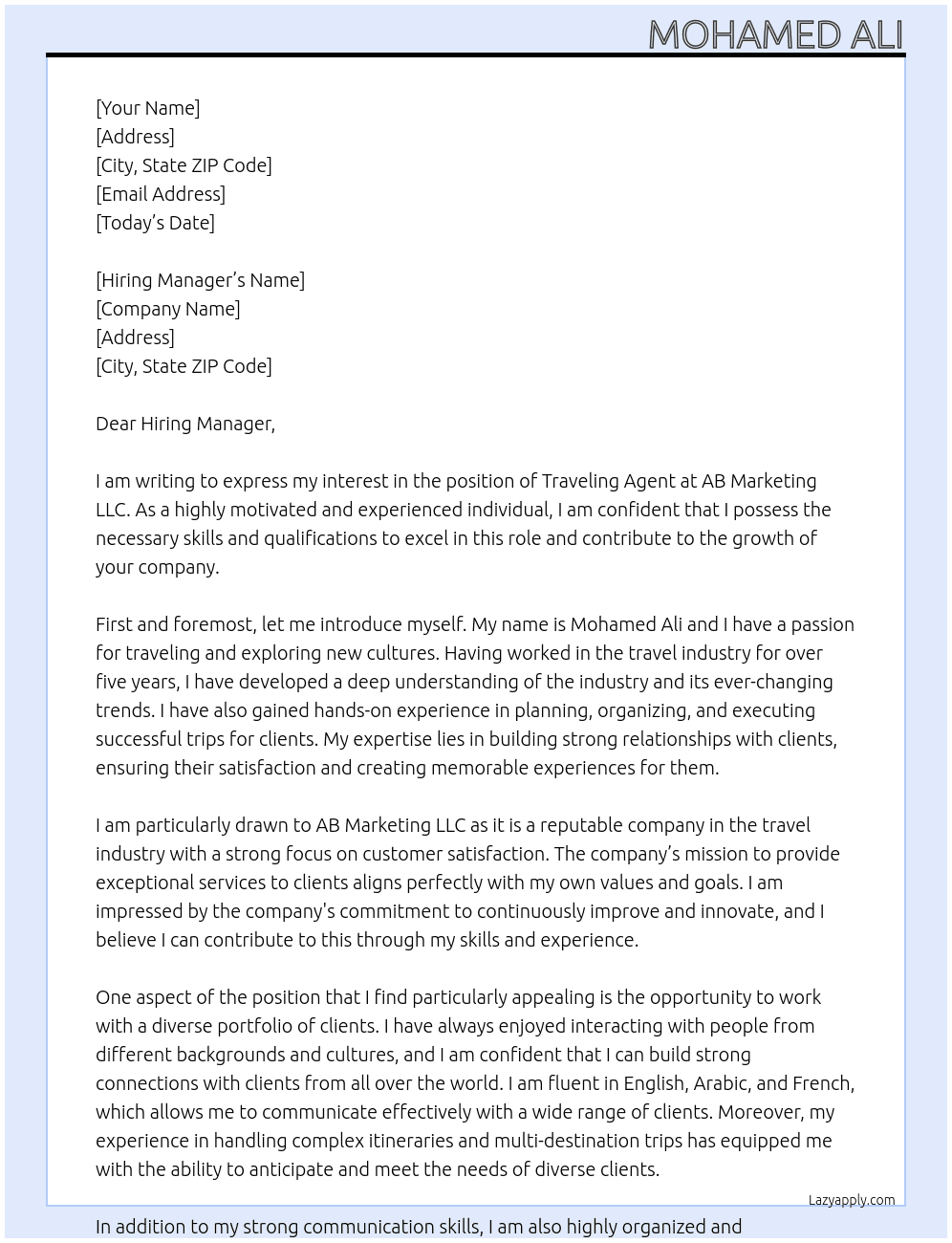 Traveling Agent  At AB Marketing LLC  Cover Letter
