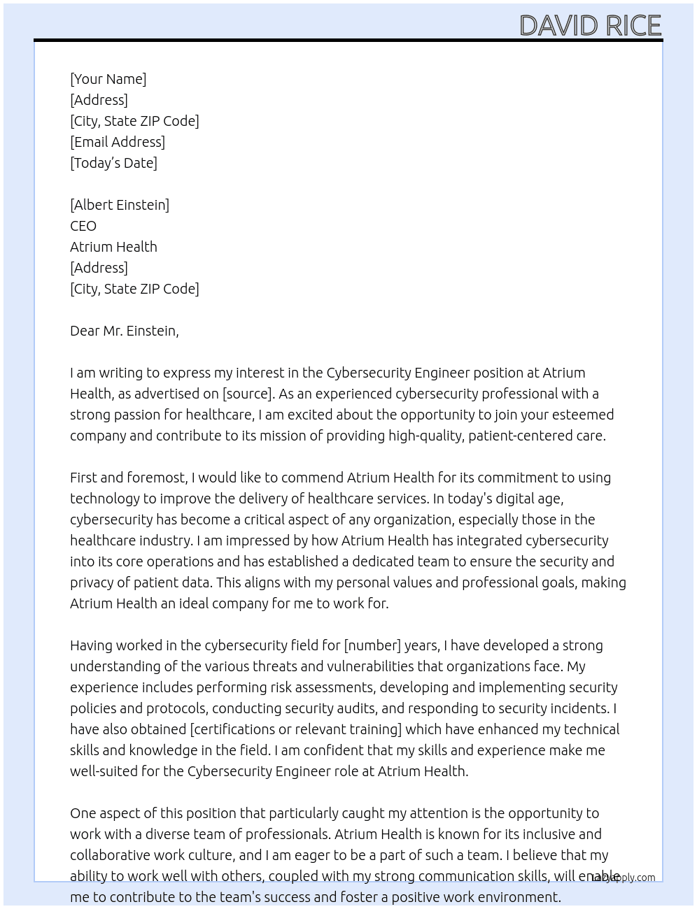 Cybersecurity Engineer At Atrium Health Cover Letter