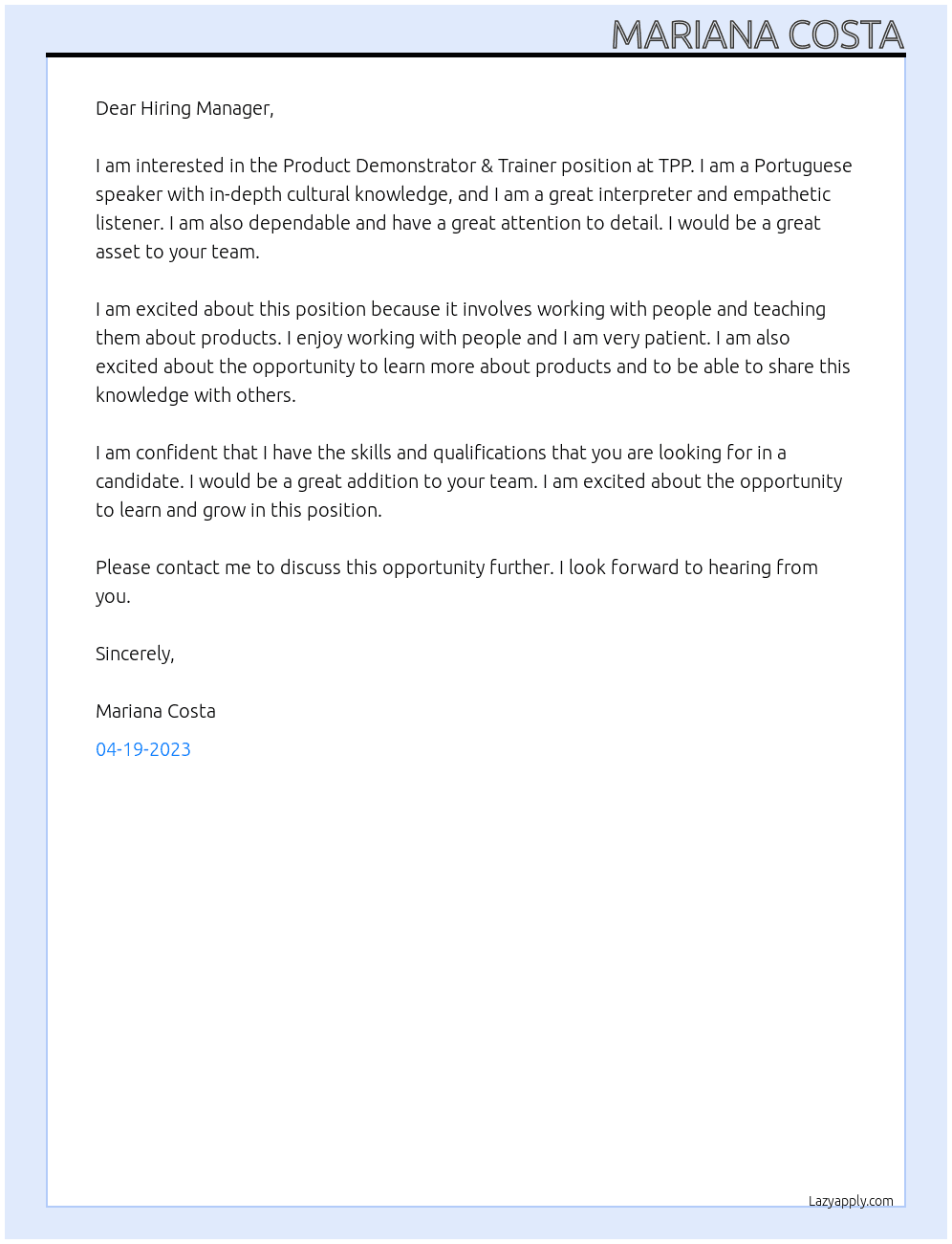Product Demonstrator & Trainer (Portuguese Speaker) At TPP Cover Letter