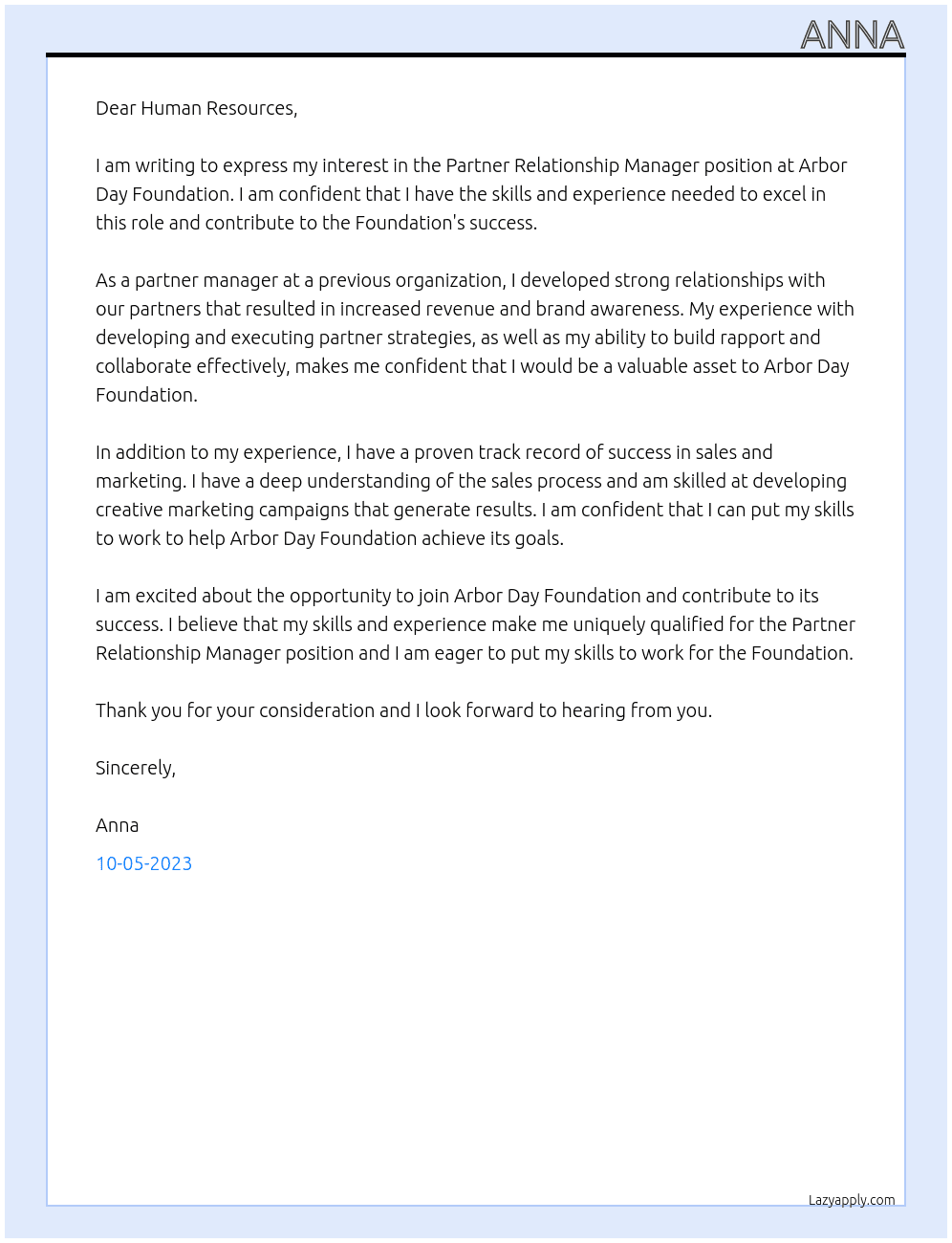 Partner Relationship Manager At Arbor Day Foundation Cover Letter