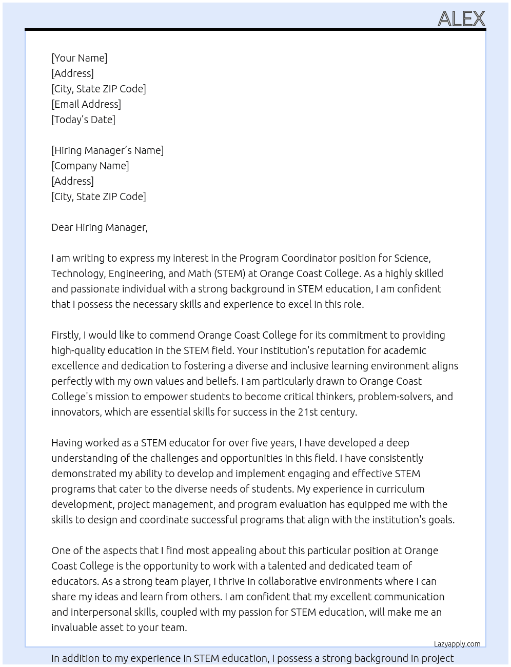Program Coordinator, Science, Technology, Engineering, & Math (STEM) At Orange Coast College Cover Letter